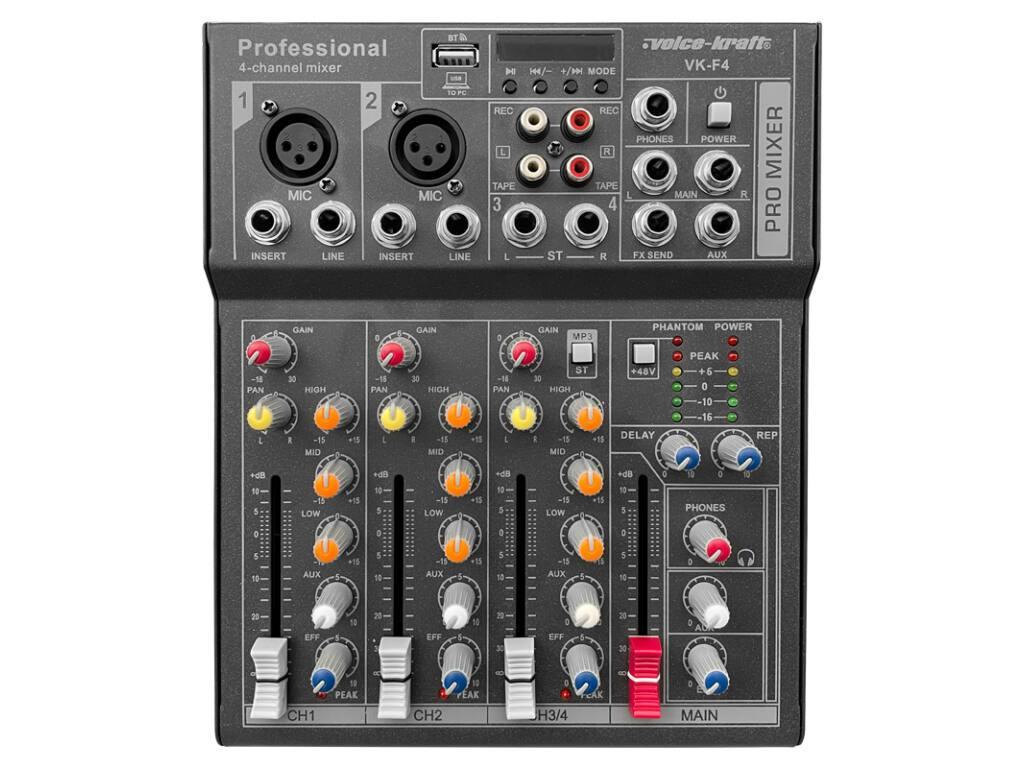 Voice-Kraft VK-F4 Keverőpult 2 Monó/1 Sztereó csatorna, USB Audio interface, Bluetooth